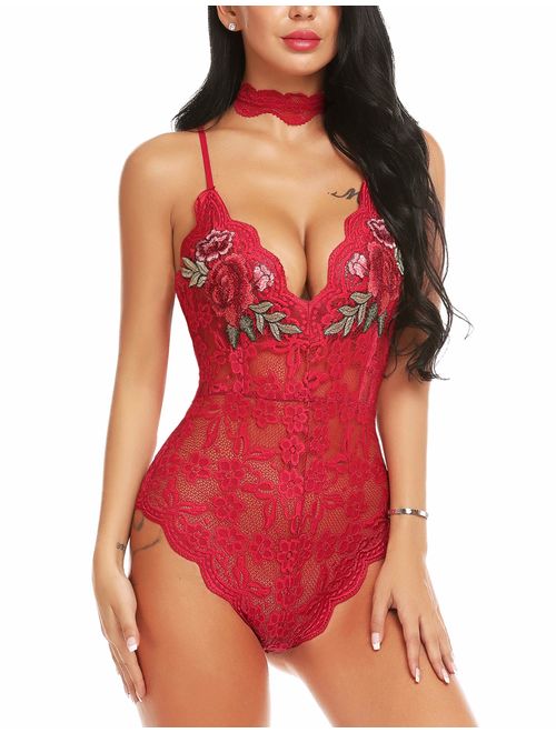 ADOME Women Lingerie Bodysuit Embroidered Lace Teddy with Choker One Piece Babydoll