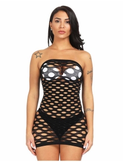 LemonGirl Women's Mesh Lingerie Fishnet Babydoll Mini Dress Free Size