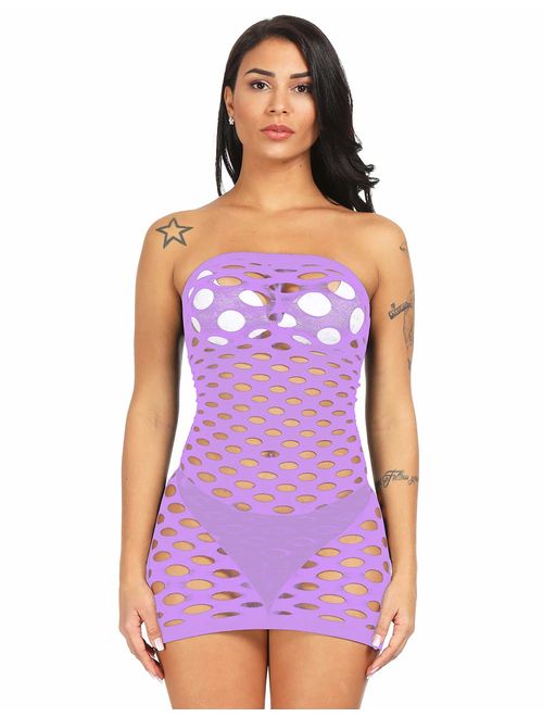 LemonGirl Women's Mesh Lingerie Fishnet Babydoll Mini Dress Free Size