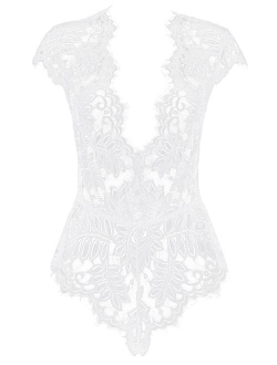 AvaLolita Women's Lingerie Floral Lace Bodysuit Deep V Babydoll