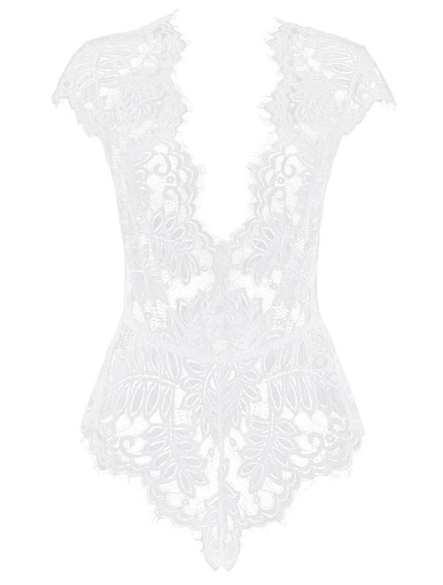 AvaLolita Women's Lingerie Floral Lace Bodysuit Deep V Babydoll