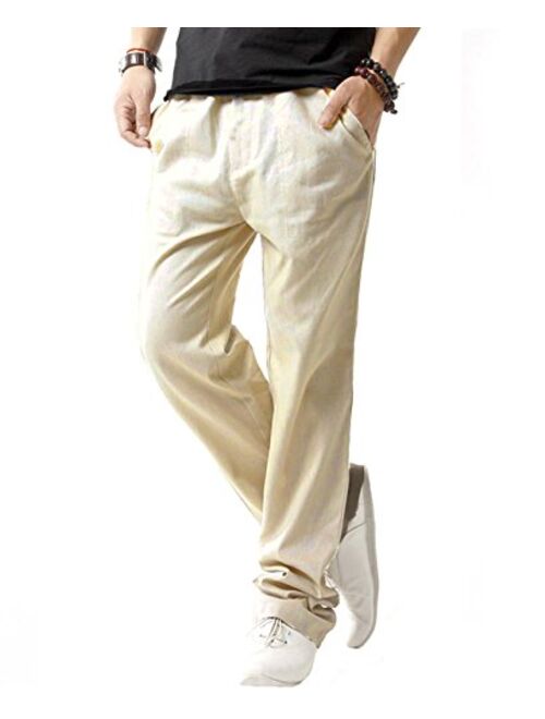 SIR7 Men's Linen Casual Lightweight Drawstrintg Elastic Waist Summer Beach Pants