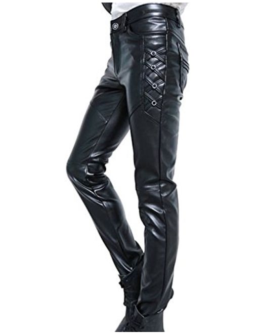 Idopy Men`s Black Slim Fit Soft PU Faux Leather Biker Pants