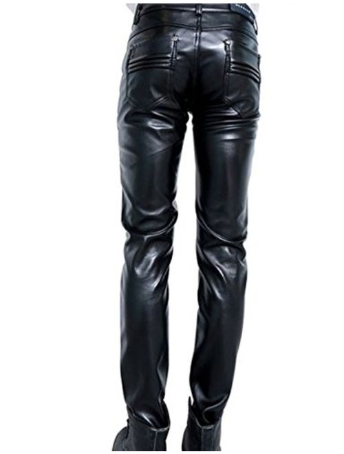 Idopy Men`s Black Slim Fit Soft PU Faux Leather Biker Pants