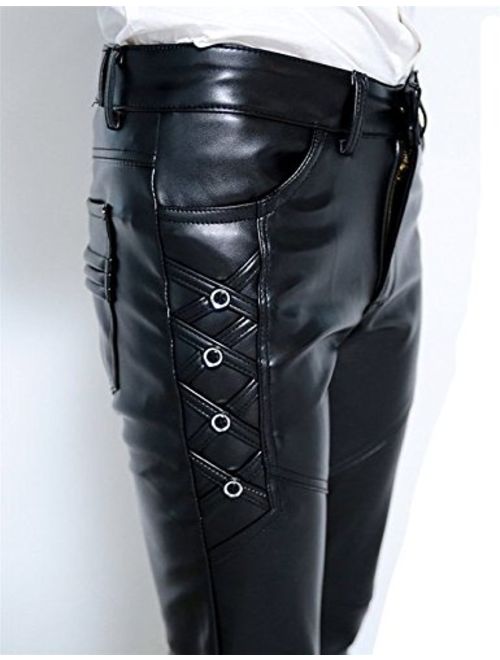 Idopy Men`s Black Slim Fit Soft PU Faux Leather Biker Pants