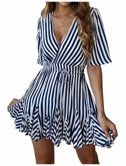 Women's Sexy Deep V Neck Short Sleeve Striped Wrap Ruffle Hem Pleated Mini Dress with Belt