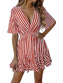 Women's Sexy Deep V Neck Short Sleeve Striped Wrap Ruffle Hem Pleated Mini Dress with Belt