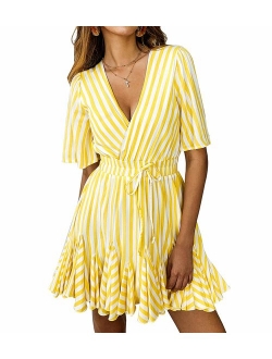 Women's Sexy Deep V Neck Short Sleeve Striped Wrap Ruffle Hem Pleated Mini Dress with Belt