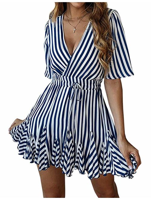 PRETTYGARDEN Women's Sexy Deep V Neck Short Sleeve Striped Wrap Ruffle Hem Pleated Mini Dress with Belt