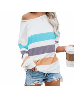 Women's Casual Striped Color-Block Long Sleeve Tops Sexy Off-Shoulder Tunics Blouses Pullover Sweatshirt