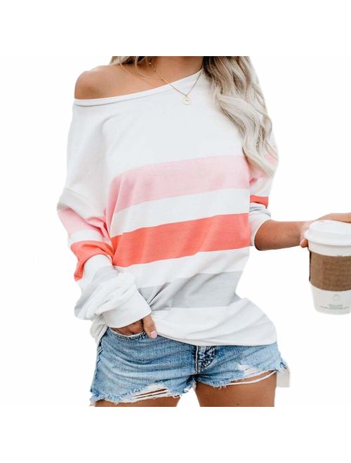 PRETTYGARDEN Women's Casual Striped Color-Block Long Sleeve Tops Sexy Off-Shoulder Tunics Blouses Pullover Sweatshirt