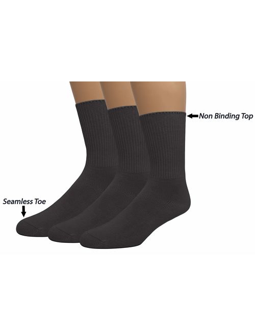 Grandeur Hosiery Men's Diabetic Crew Cotton Socks | Non-Binding Loose Top | Seamless Toe | 3-Pair | Big and Tall Available