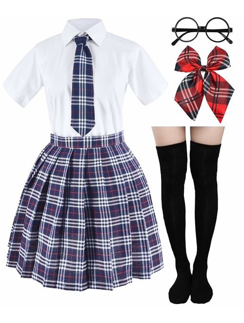 Japanese Tartan Pleated School Uniform Cosplay Costumes with Socks Eyeglass Frame Set