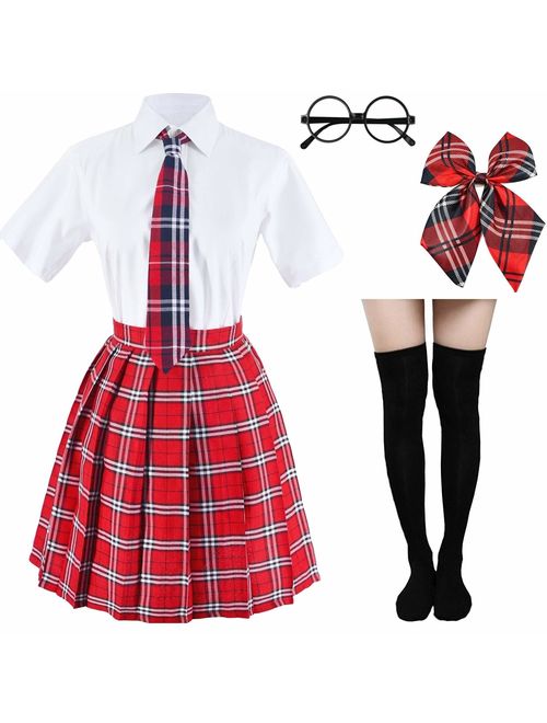 Japanese Tartan Pleated School Uniform Cosplay Costumes with Socks Eyeglass Frame Set