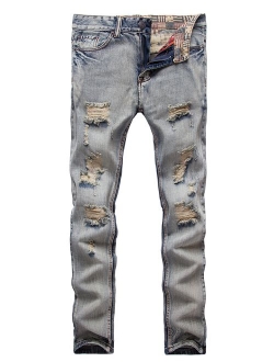 FEESON Men's Ripped Slim Fit Straight Denim Jeans Vintage Style with Broken Holes