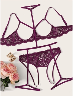 Floral Lace Garter Lingerie Set With Choker