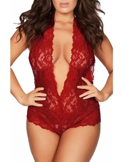 Lingerie for Women Plus Size, Sexy Open Back Halter Plunging Teddy One Piece Scalloped Trim Lace Bodysuit