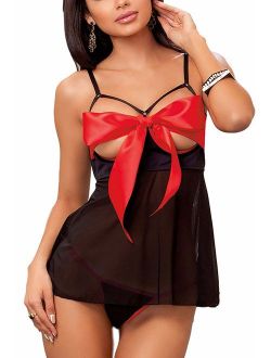 Womens Unwrap Me Babydoll, Sexy See Through Red Bow Lingerie Set