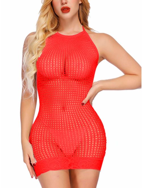 FasiCat Women Lingerie Fishnet Mini Dress Babaydoll Halter Stretch Chemise Teddy Bodysuit