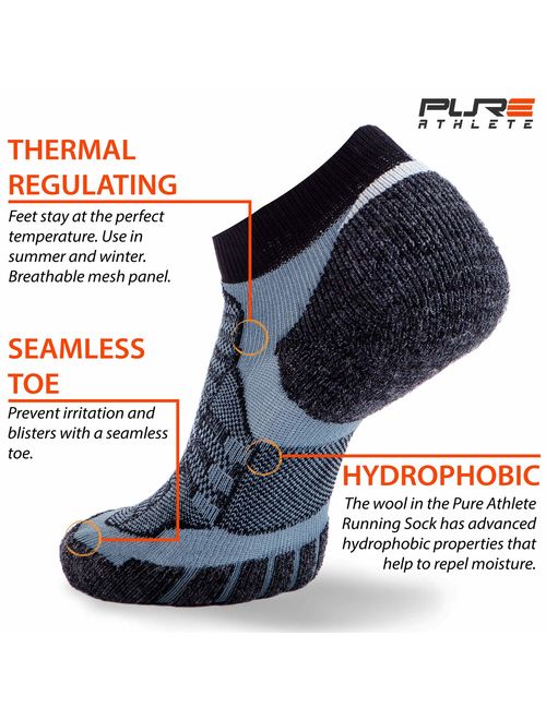 Pure Athlete Merino Wool Socks Men, Women - Low Cut Cushioned Athletic Running Sock, Moisture Wicking