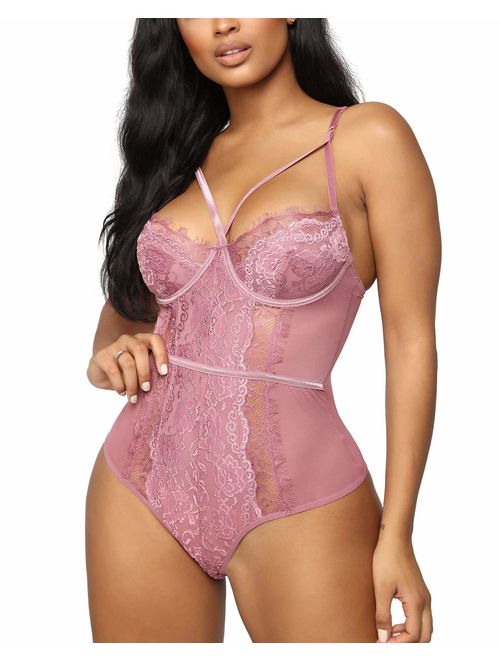 Aranmei Women's Sexy Eyelash Lace Bodysuit Sna-p Crotch Teddy Lingerie