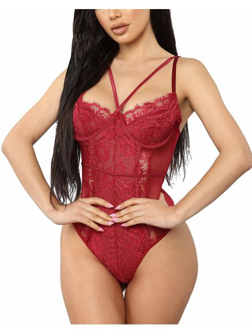 Aranmei Women's Sexy Eyelash Lace Bodysuit Sna-p Crotch Teddy Lingerie