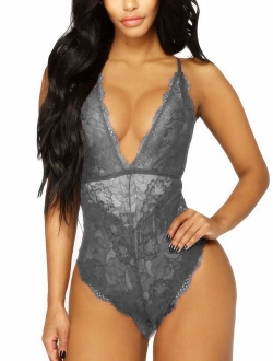 Kaei&Shi V-Neck See Through Lingerie Floral Lace Babydoll Sexy Lingerie for Women One Piece Bodysuit