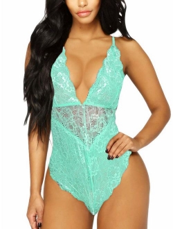 Kaei&Shi V-Neck See Through Lingerie Floral Lace Babydoll Sexy Lingerie for Women One Piece Bodysuit