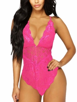 Kaei&Shi V-Neck See Through Lingerie Floral Lace Babydoll Sexy Lingerie for Women One Piece Bodysuit