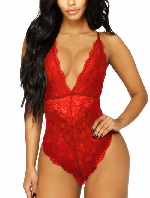 Kaei&Shi V-Neck See Through Lingerie Floral Lace Babydoll Sexy Lingerie for Women One Piece Bodysuit