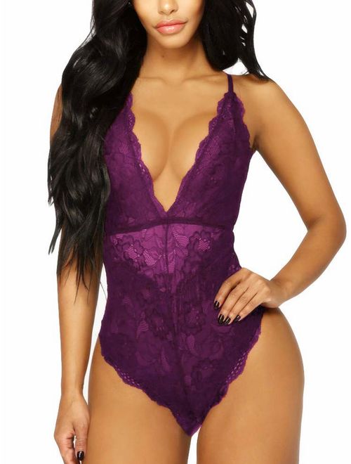 Kaei&Shi V-Neck See Through Lingerie Floral Lace Babydoll Sexy Lingerie for Women One Piece Bodysuit