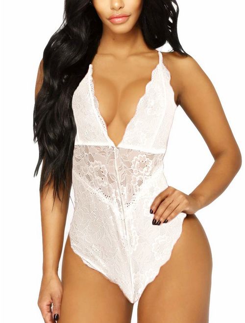 Kaei&Shi V-Neck See Through Lingerie Floral Lace Babydoll Sexy Lingerie for Women One Piece Bodysuit