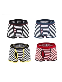 Nuofengkudu Men's 4 Packs Stripe Boxer Briefs/Trunk Open Fly Underwear No Ride Up