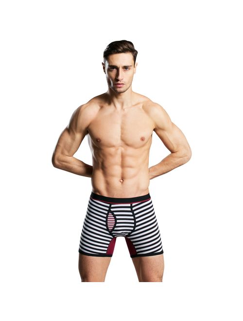 Nuofengkudu Men's 4 Packs Stripe Boxer Briefs/Trunk Open Fly Underwear No Ride Up