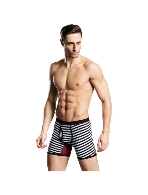 Nuofengkudu Men's 4 Packs Stripe Boxer Briefs/Trunk Open Fly Underwear No Ride Up