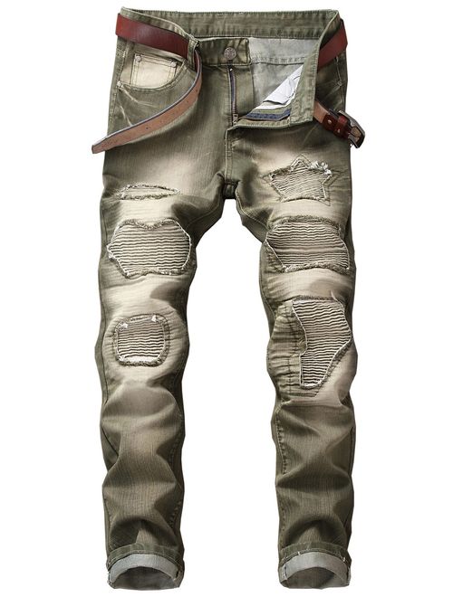 YTD Mens Distressed Ripped Biker Slim Jeans Stretched Moto Denim Pants