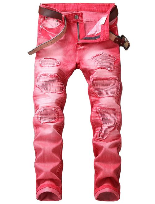 YTD Mens Distressed Ripped Biker Slim Jeans Stretched Moto Denim Pants