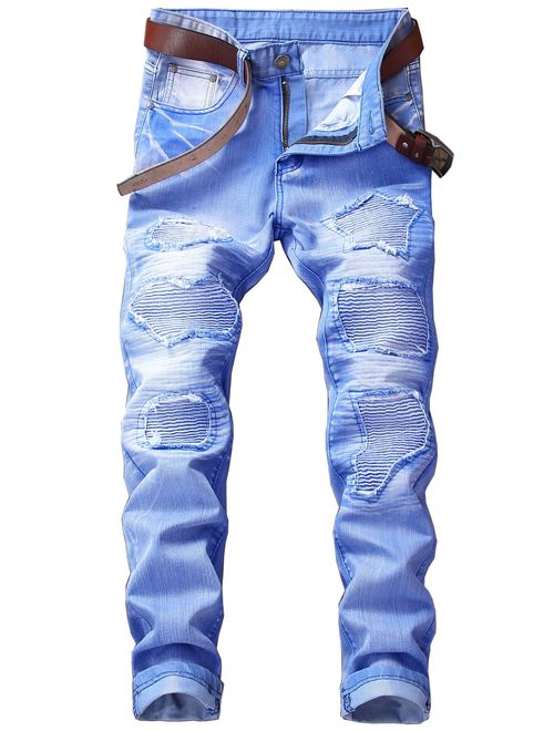 YTD Mens Distressed Ripped Biker Slim Jeans Stretched Moto Denim Pants