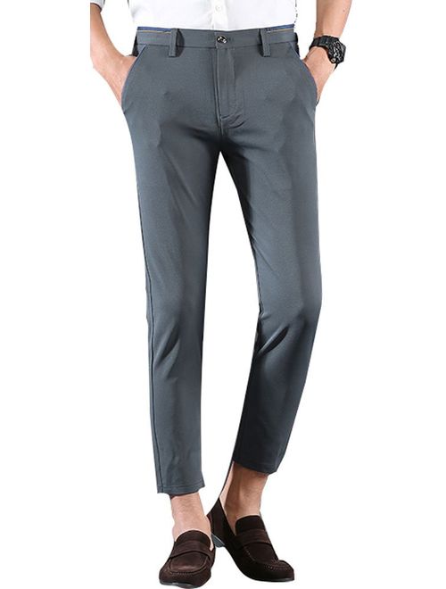 Plaid&Plain Men's Stretch Skinny Fit Casual Business Pants Ankle Dress Pants