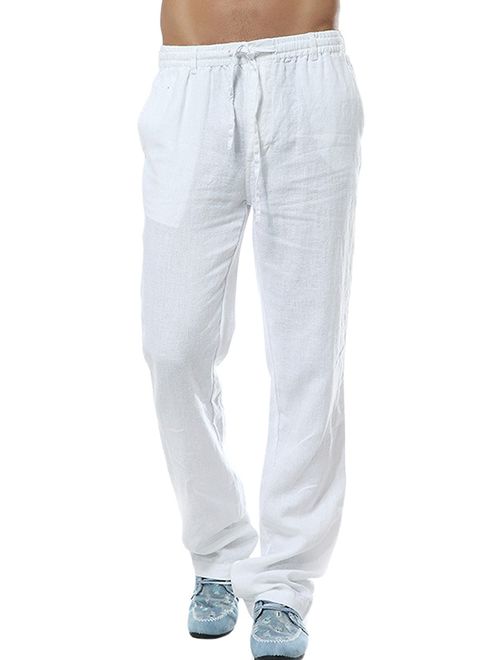 utcoco Men's Mid Waist Straight Leg Linen Thin Pants