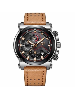 LIGE Men's Fashion Sport Quartz Watch with Brown Leather Strap Chronograph Waterproof Auto Date Analog Black Men Wrist Watches