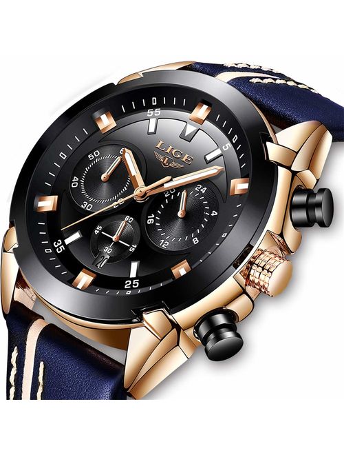 LIGE Watches for Men Sports Chronograph Waterproof Analog Quartz Watch with Black Leather Band Classic Casual Big Face Mens Wrist Watch Gold Black