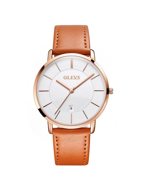 OLEVS Mens Minimalist Ultra Thin Watches Fashion Casual Analog Quartz Date Watch Waterproof,Male Slim Simple Alloy Big Face Dial Dress Wrist Watch with Retro Genuine Leat