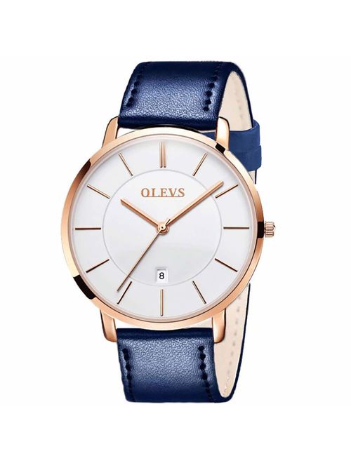 OLEVS Mens Minimalist Ultra Thin Watches Fashion Casual Analog Quartz Date Watch Waterproof,Male Slim Simple Alloy Big Face Dial Dress Wrist Watch with Retro Genuine Leat