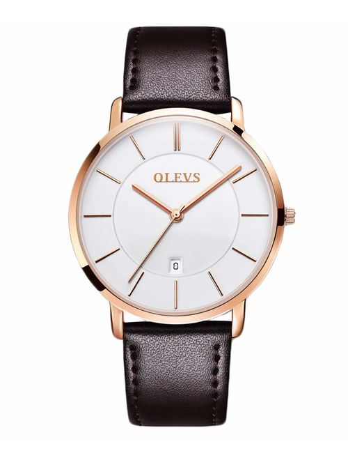 OLEVS Mens Minimalist Ultra Thin Watches Fashion Casual Analog Quartz Date Watch Waterproof,Male Slim Simple Alloy Big Face Dial Dress Wrist Watch with Retro Genuine Leat