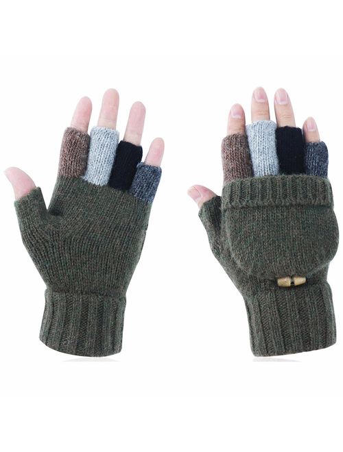 Akayboya Winter Warm Knitted Fingerless Gloves Convertible Wool Gloves with Mittens Cover