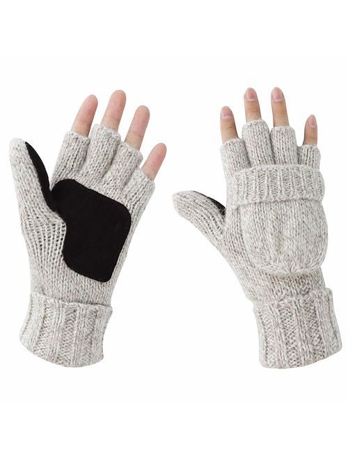 Akayboya Winter Warm Knitted Fingerless Gloves Convertible Wool Gloves with Mittens Cover