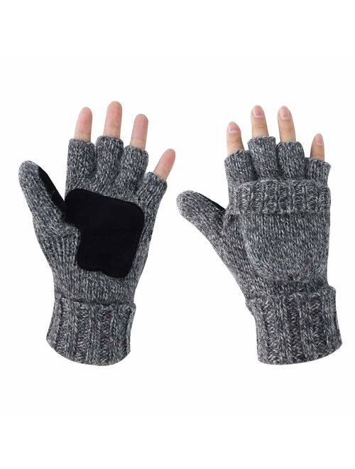 Akayboya Winter Warm Knitted Fingerless Gloves Convertible Wool Gloves with Mittens Cover