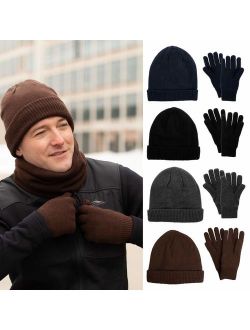 Men Winter Hat and Gloves Set Warm Fleece Beanie Knit Hat with Winter Gloves