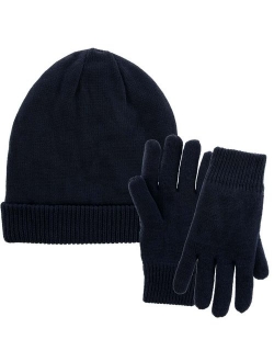 Men Winter Hat and Gloves Set Warm Fleece Beanie Knit Hat with Winter Gloves